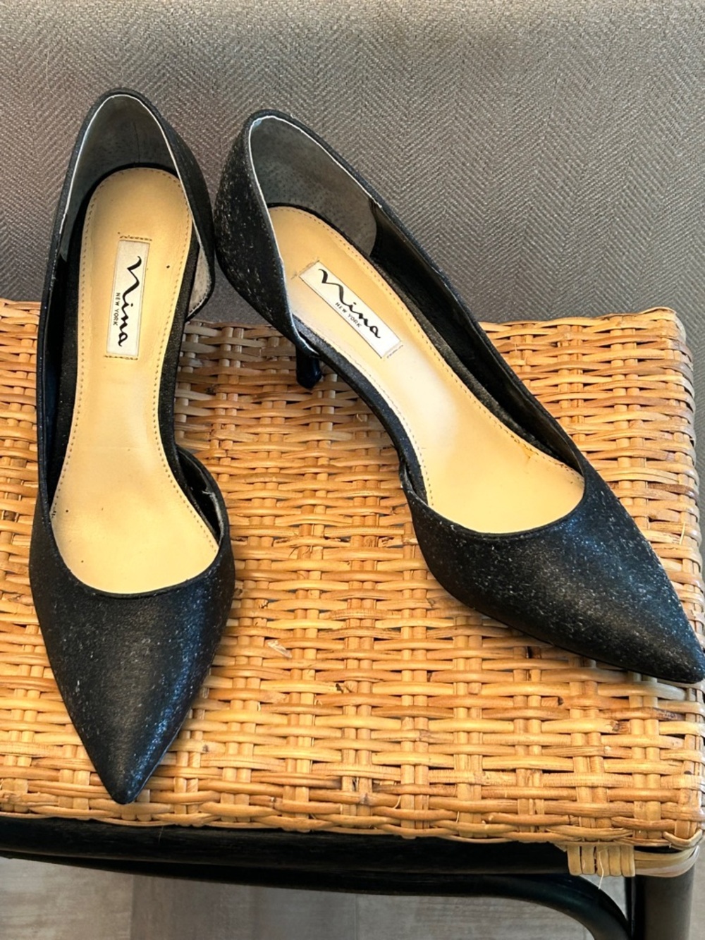Nina NY  Black Pointed Toe Kitten Heel D'Orsay Pumps Metallic Black Size 9